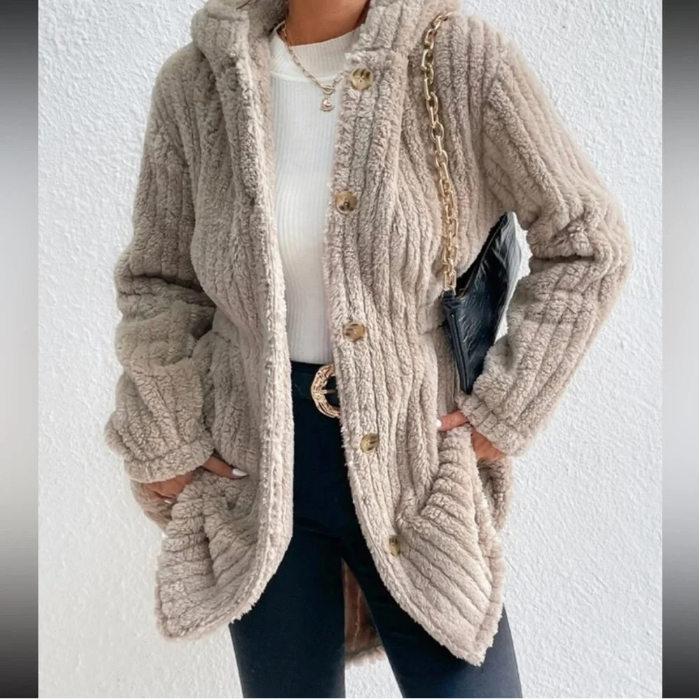 Cozy teddy Button Down Hoodie Jacket Coat - Picture 2 of 6